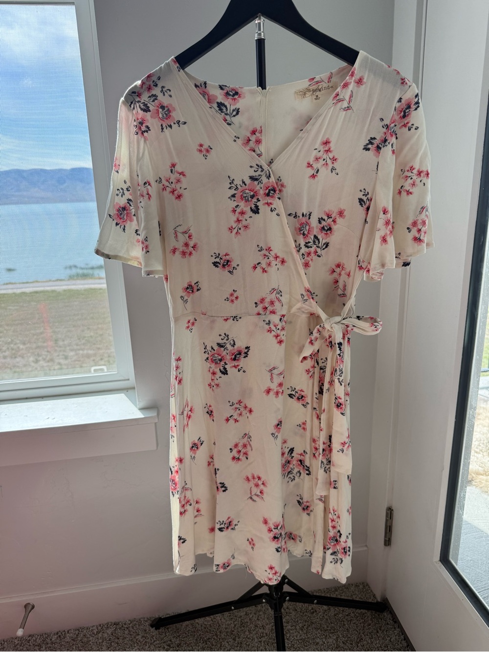 Rewind Cream Wrap Dress with Pink Floral Print
